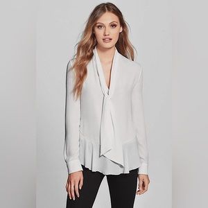 Vince Camuto White Long Sleeve Ruffle Hem Tie Neck Blouse S NWOT